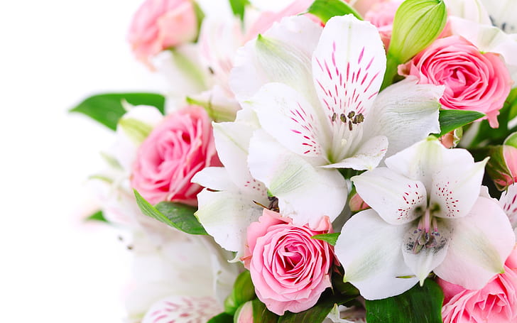 Букет цветя, розови рози, бели орхидеи, бяла и розова снимка на цветя, Букет, Цветя, Розово, Роза, Бяло, Орхидеи, HD тапет