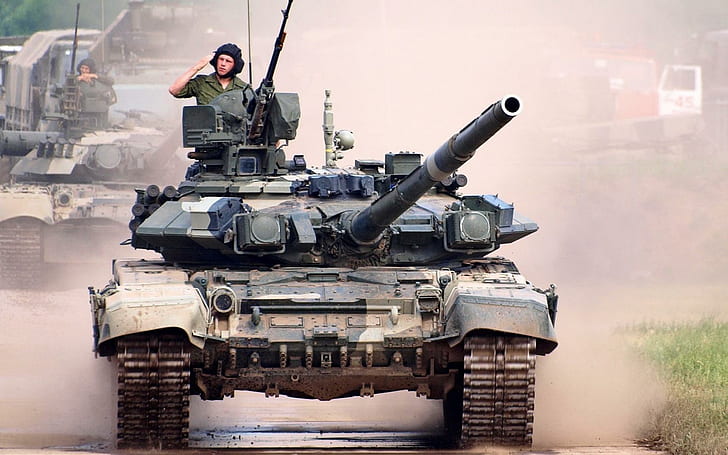 tank, T-90, military, men, soldier, weapon, vehicle, dust, smoke, salute, HD wallpaper