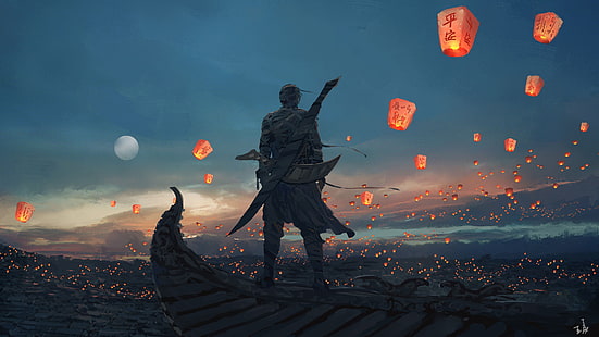 The sky, Figure, The moon, Sword, Moon, Sky, Art, Male, Man, Artist, Chinese lanterns, WLOP, HD wallpaper HD wallpaper