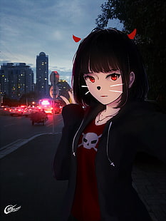 Anime, Anime Girls, schwarze Haare, rote Augen, Stadt, Nacht, originelle Charaktere, MX-Schimmer, HD-Hintergrundbild HD wallpaper