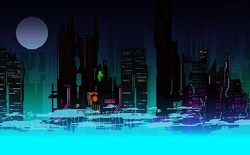 Градът, бъдещето, луната, небостъргачите, пикселите, 8 бита, HD тапет HD wallpaper
