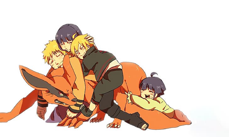 Boruto: Naruto Next Generations, Kurama, Uzumaki Naruto, Hinata Hyūga (Naruto Shippuden), Uzumaki Boruto, Shinomiya Himawari, mutlu, gülümseyen, aile, sarılma, HD masaüstü duvar kağıdı