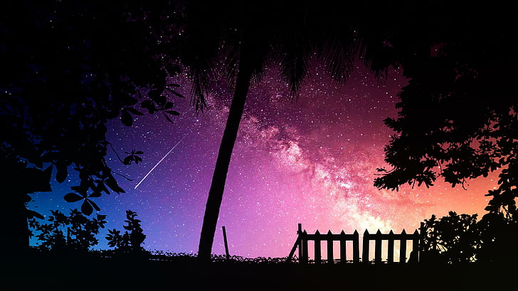 shooting star, meteor, stars, milky way, fence, night, tree, silhouette, fantasy art, starry sky, night sky, HD wallpaper