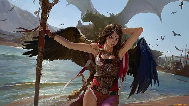 крилат 3D илюстрация на женски характер, фентъзи изкуство, дракон, ангел, HD тапет