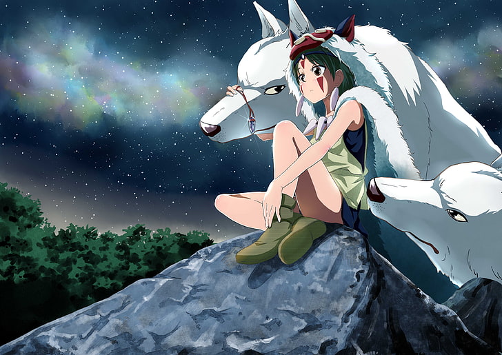 boy sitting beside two wolves anime digital wallpaper, princess mononoke, hayao miyazaki, wolf, HD wallpaper