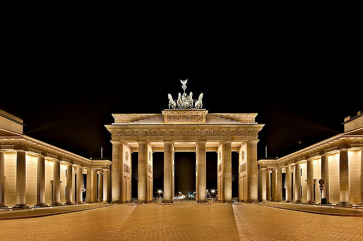 берлин, бранденбург, город, евопея, ворота, германия, памятник, ночь, HD обои