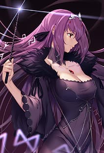  anime, anime girls, Fate series, Fate/Grand Order, Scathach Skadi, long hair, purple hair, boobs, big boobs, HD wallpaper HD wallpaper