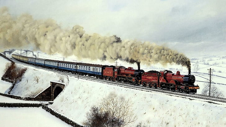 Двухмоторный паровоз, пассажирский, зимний, поезд, паровоз, вагоны, HD обои