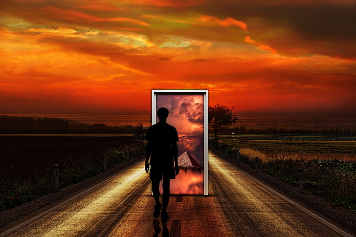 surrealizm, człowiek, drzwi, wyobraźnia, Tapety HD