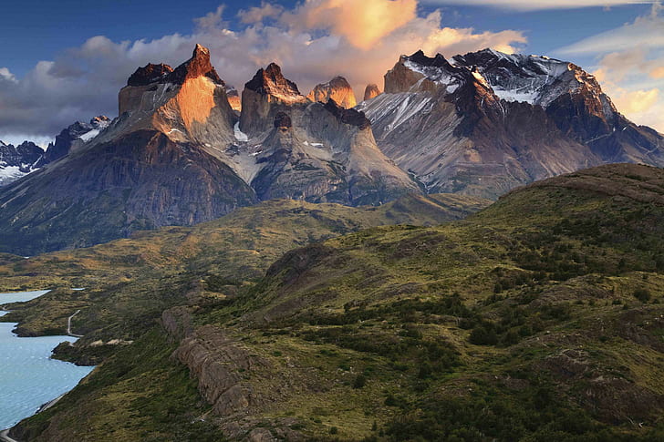 Torres del Paine, Patagonia, zachód słońca, Park Narodowy, Chile, 4k, Tapety HD