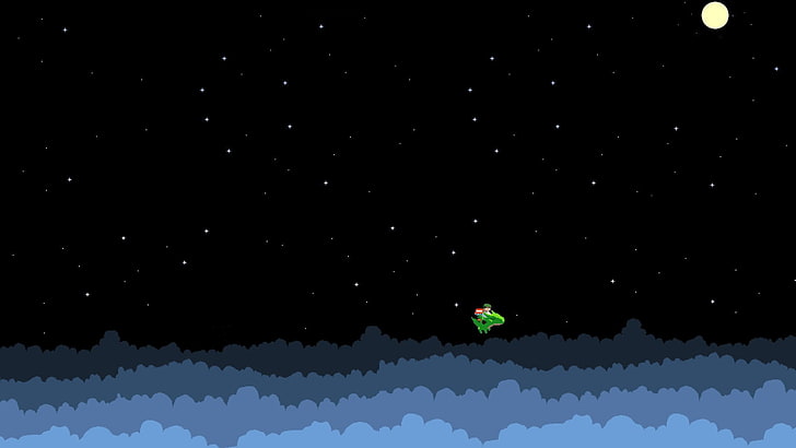dinossauro verde na ilustração de nuvens, pixels, pixel art, lua, estrelas, videogames, espaço, dragão, nuvens, história da caverna, HD papel de parede