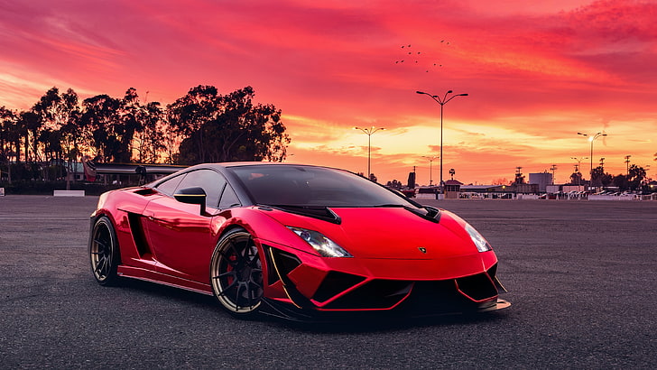 mobil, Lamborghini Gallardo, supercar, matahari terbenam, mobil merah, Lamborghini, kendaraan, Wallpaper HD