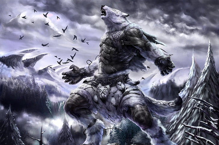 werewolf illustration, creature, forest, trees, birds, sky, HD wallpaper