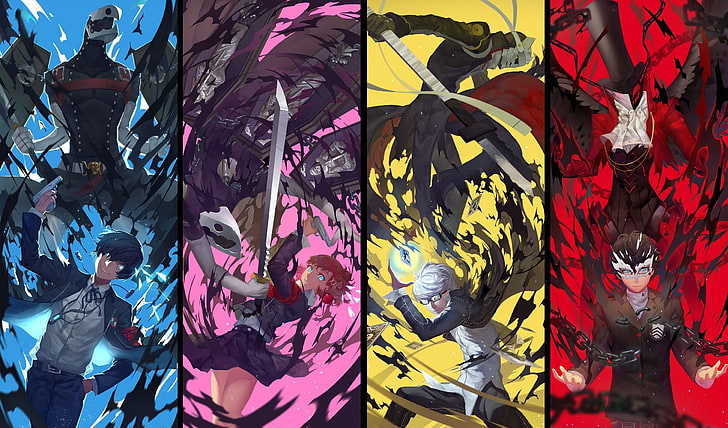 четыре аниме персонажа цифровые обои, Персона 4, Персона 3, Юки Макото, Персона 5, Наруками Ю, Персона серия, HD обои