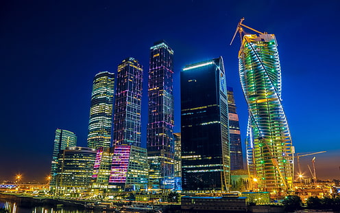 LED、モスクワ、ロシア、都市、都市の景観、高層ビル、建物、夜の高層ビル、 HDデスクトップの壁紙 HD wallpaper