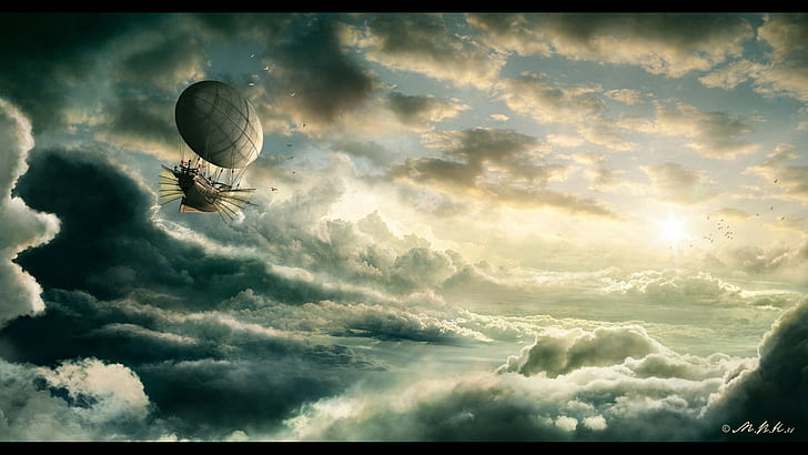 airships, fantasy art, sky, clouds, artwork, HD wallpaper