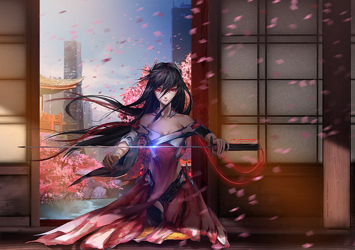Anime, Kimono, Schwert, Katana, Haus, Blütenblätter, Kunstwerk, originelle Charaktere, HD-Hintergrundbild