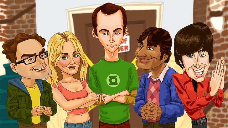 Animation Big Bang Theory, The Big Bang Theory, Sheldon Cooper, Leonard Hofstadter, Penny, Howard Wolowitz, Raj Koothrappali, caricature, TV, Fond d'écran HD
