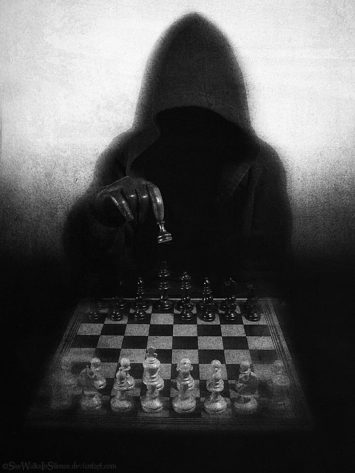 black chess set, digital art, Grim Reaper, death, dark, monochrome, spooky, chess, board games, pawns, hoods, portrait display, HD wallpaper