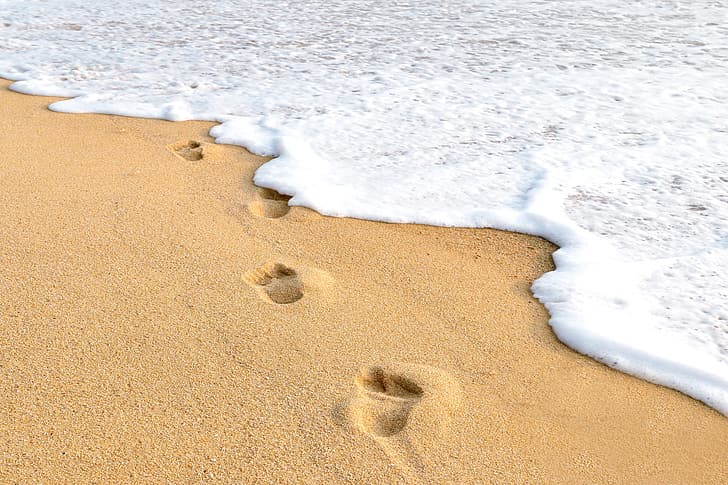 sand, sea, wave, beach, summer, traces, shore, seascape, footprints, HD wallpaper
