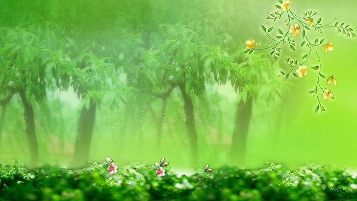 أشجار الربيع الخضراء ، شخصية فايرفوكس ، ناعمة ، هادئة ، صامتة ، خضراء ، هادئة ، زهور ، أشجار ، ربيع ، غابة ، سلمية ، صيف، خلفية HD