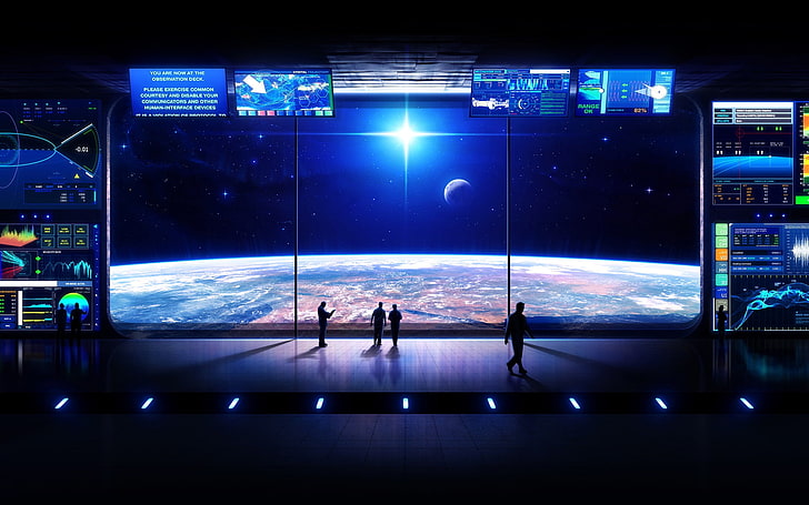 Flachbildfernseher, futuristisch, digitale Kunst, Raumstation, Monitor, Planet, Sterne, Silhouette, HD-Hintergrundbild