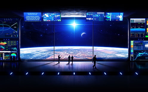 تلفزيون بشاشة مسطحة وفن رقمي مستقبلي ومحطة فضائية وشاشة وكوكب ونجوم وصورة ظلية، خلفية HD HD wallpaper