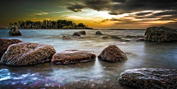 landscape photography of rocks on body of water under cloudy sky, Candy, Sky, Lemonade, Sea, landscape photography, rocks, body of water, cloudy, nikon  d600, 6D, HDR, ADDICTED, gear, me  my, premium, bronze, silver, gold, platinum, diamond, nature, sunset, rock - Object, water, landscape, outdoors, scenics, beauty In Nature, dusk, beach, HD wallpaper HD wallpaper