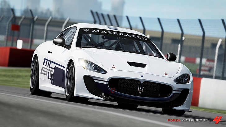 białe Maserati coupe, Forza Motorsport, Forza Motorsport 4, samochód, gry wideo, Maserati GranTurismo, Tapety HD