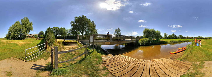 Landschaft, Fischaugenobjektiv, Brücke, Kanus, HD-Hintergrundbild