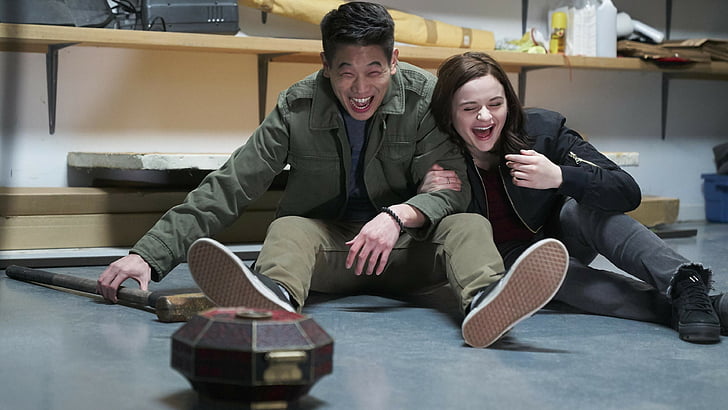 laughing man and woman wearing jacket sitting on floor, Wish Upon, Joey King, Ki Hong Lee, 4k, HD wallpaper