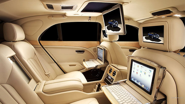 Sièges d'auto marron avec ordinateurs portables, Bentley Mulsanne, intérieur de voiture, voiture, véhicule, Bentley, Fond d'écran HD