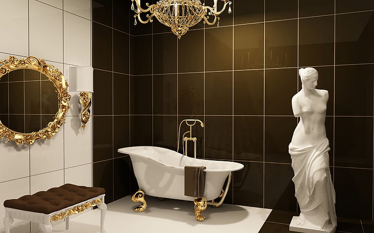 Classic Bathroom Furniture, venus milo statue; white jetted bath tub; gold-color scrolled oblong mirror, plumbing, furniture, design, bathroom, HD wallpaper
