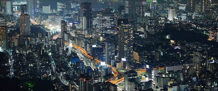 zdjęcia lotnicze budynków miejskich, Tokio, pejzaż miejski, noc, światła miasta, ruch uliczny, Tapety HD