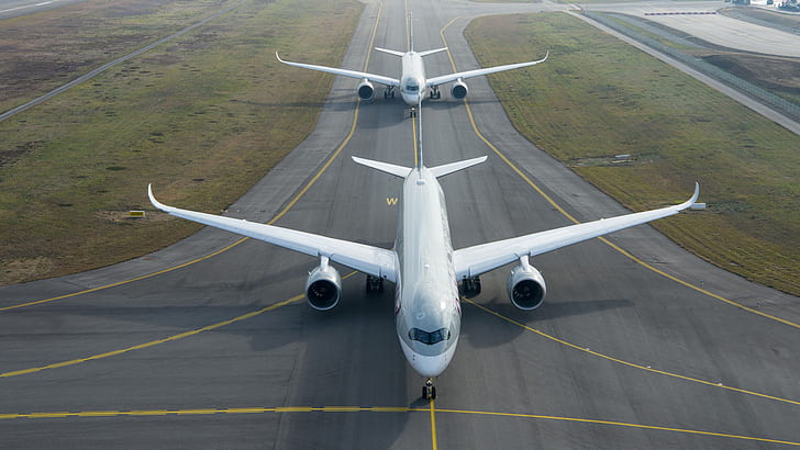 Airbus A350, aircraft, passenger aircraft, airplane, runway, top view, HD wallpaper