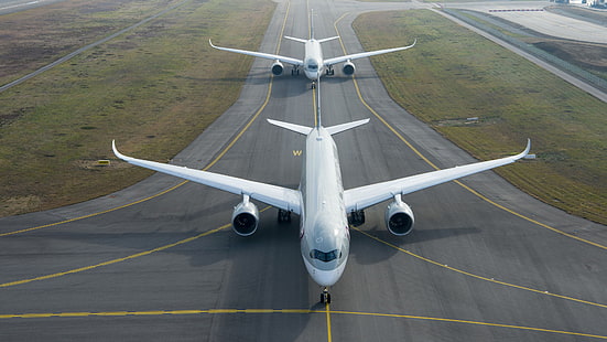 Airbus A350, aircraft, passenger aircraft, airplane, runway, top view, HD wallpaper HD wallpaper