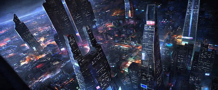 도시 건물 벽지, 공상 과학 소설, 미래 도시, 삽화, 미래의, 도시 풍경, 조감도, 밤, HD 배경 화면