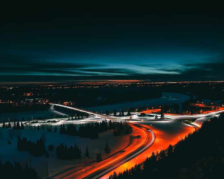 timelapse photography of road with lights, edmonton, canada, night city, top view, HD wallpaper