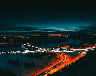 Замедленная съемка дороги с огнями, Эдмонтон, Канада, ночной город, вид сверху, HD обои HD wallpaper