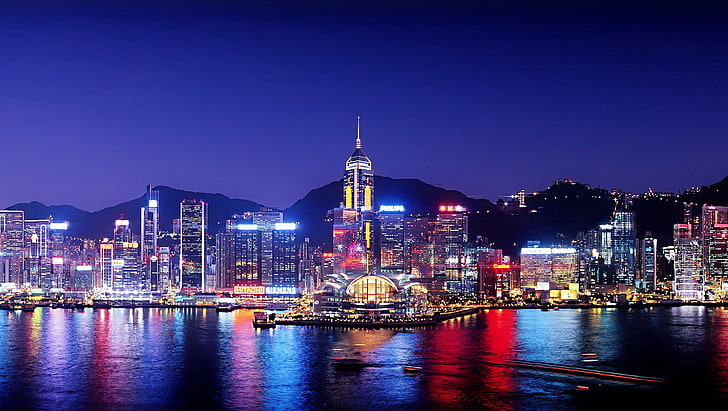 budynki miejskie nocą, miasto, pejzaż miejski, Hongkong, port, światła miasta, Tapety HD