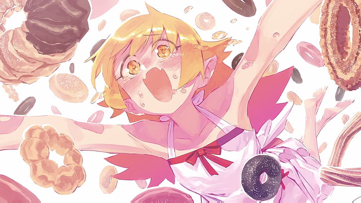 Serie Monogatari, Oshino Shinobu, donut, chicas anime, Fondo de pantalla HD