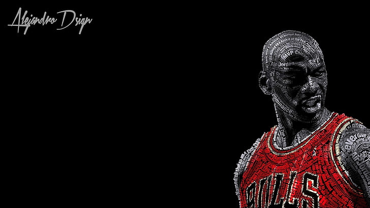 Michael Jordan illustration with text overlay, typographic portraits, Michael Jordan, basketball, Chicago Bulls, black background, HD wallpaper