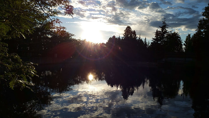 naturaleza, parque, reflexión, parque frente al río, spokane, puesta de sol, agua, Fondo de pantalla HD