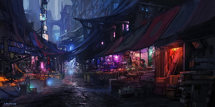 Science-Fiction, Stadt, Futuristisch, Markt, Nacht, HD-Hintergrundbild