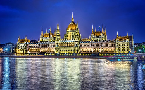 Budapest, Hungary, city night, parliament building, lighting, river, Budapest, Hungary, City, Night, Parliament, Building, Lighting, River, HD wallpaper HD wallpaper