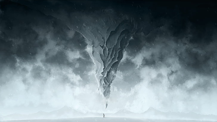 tornado illustration, cold, winter, snow, people, mountain, art, Blizzard, HD wallpaper