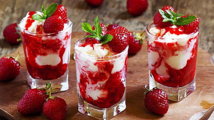strawberry, dessert, strawberries, whipped cream, ice cream, cream, frozen dessert, parfait, mascarpone, fruit, HD wallpaper