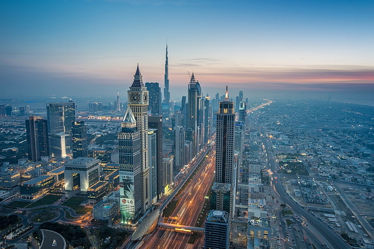 Dubai, stad, Flygfoto, skyskrapa, HD tapet