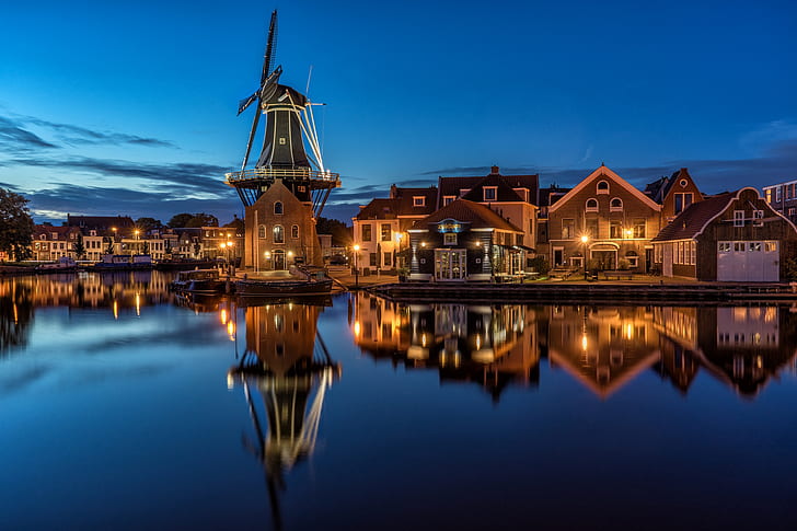 night, lights, Netherlands, Holland, North Holland, Haarlem, Mill 
