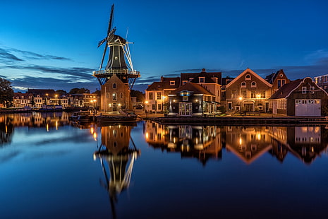 notte, luci, Paesi Bassi, Olanda, Olanda settentrionale, Haarlem, mulino 